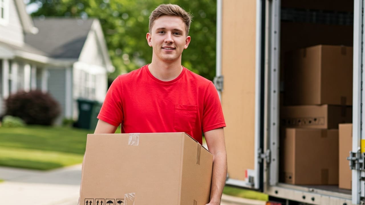 Removals agency with operator and van, a symbol of experience in online removals