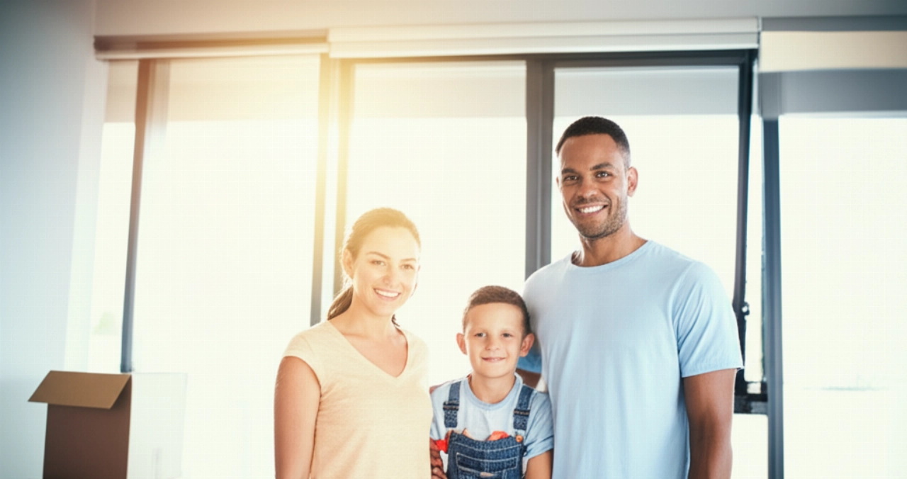 Happy Caucasian family in a bright new living room with boxes, symbolizing a new beginning.