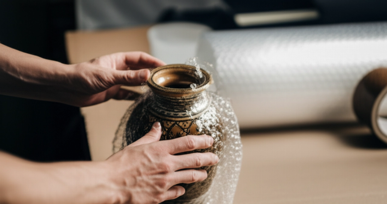 Professional Caucasian hands carefully wrapping a delicate vase with bubble wrap, emphasizing protection.