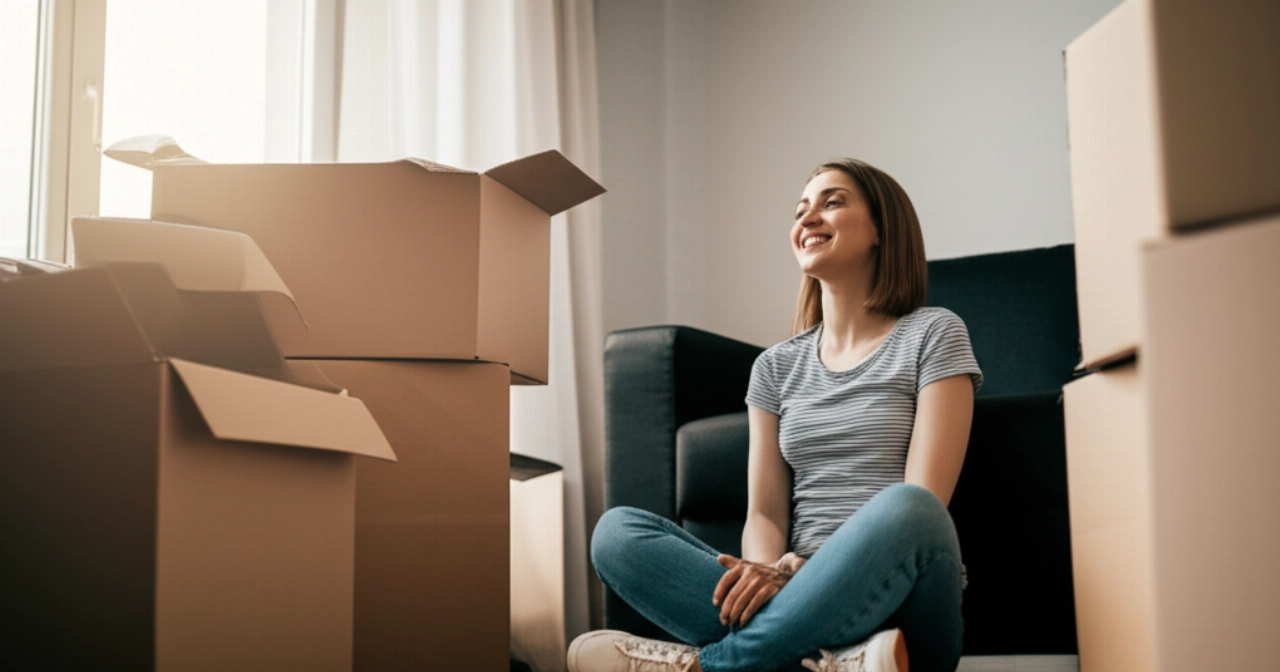 Caucasian woman sitting in a new living room with boxes, enjoying a moment of relief after moving.