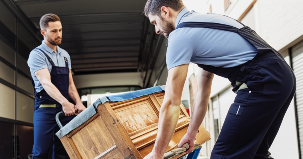 Two professional Caucasian movers carefully load an antique trunk onto a padded dolly towards a moving truck.