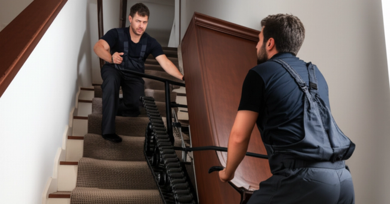 Two experienced Caucasian movers carefully bring a vertical piano down a staircase, using a specialized tracked piano dolly.