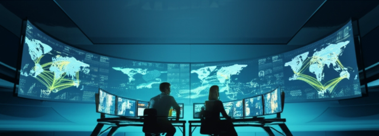 Interior of a futuristic logistics control center with Caucasian professionals monitoring global shipping routes on screens, symbolizing intelligent transport management.