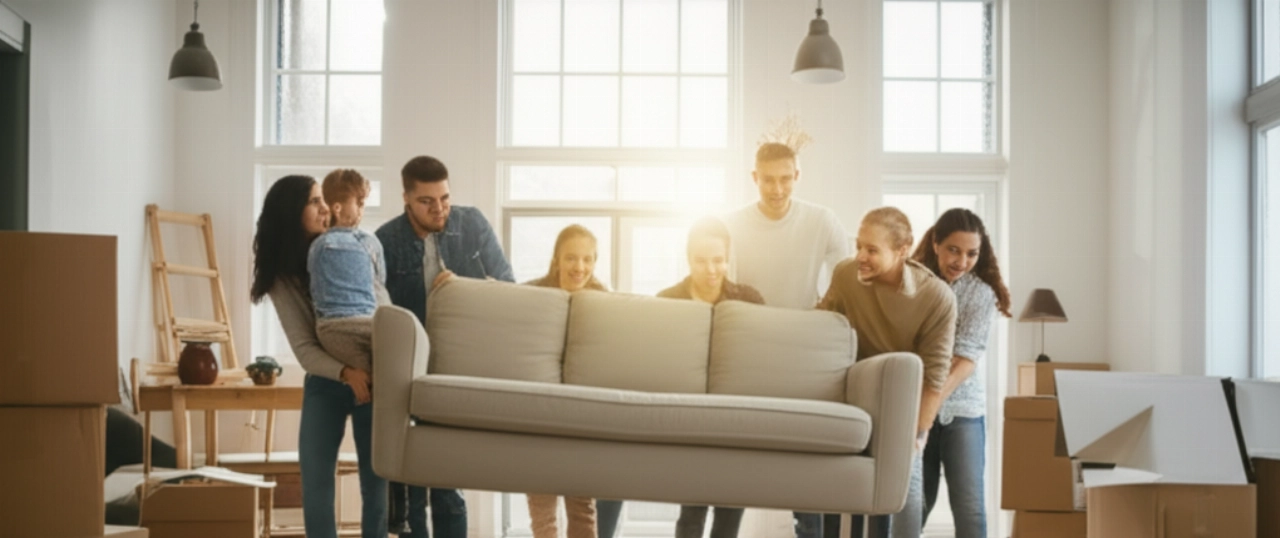 A group of smiling Caucasian friends or family members energetically collaborating to carry a sofa into a new, spacious, light-filled living room.