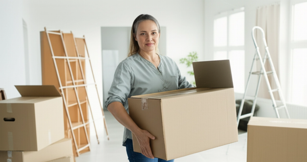 Calm and organized Caucasian woman in a room with moving boxes, representing an efficient and well-planned moving process.