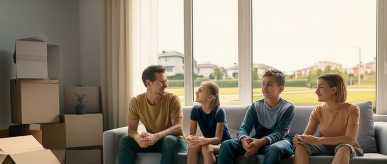 Relaxed and happy Caucasian family in a new home, symbolizing peace of mind after a well-managed move.