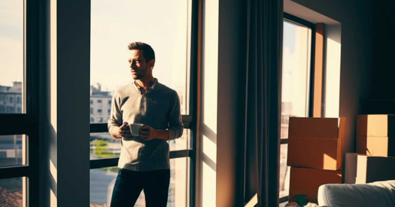 Caucasian man with a cup of coffee, looking out the window of his new apartment, with partially open moving boxes.
