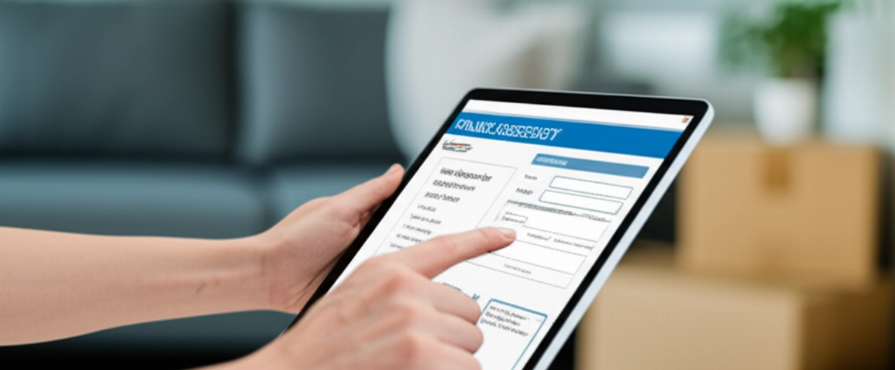 Caucasian hands interacting with a tablet or laptop showing an online change of residence form.