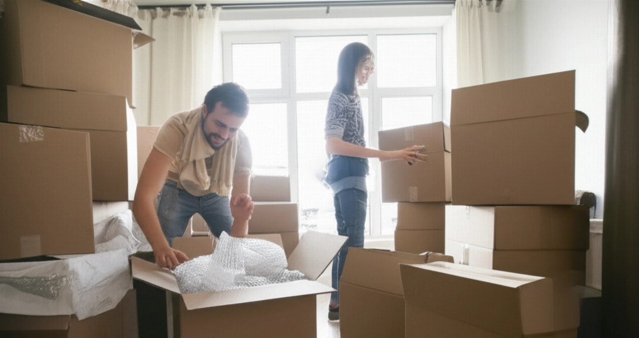 A smiling Caucasian couple packing or unpacking moving boxes in a spacious, empty apartment.