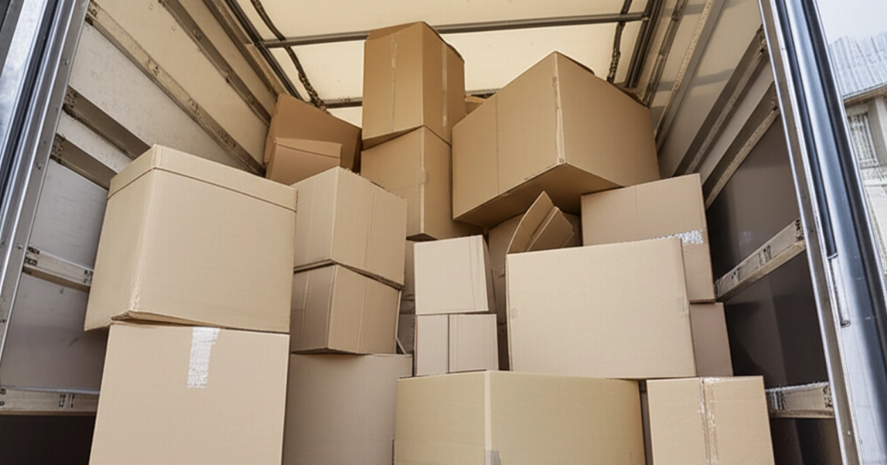 A large pile of cardboard moving boxes inside a truck or a wide hallway, ready for transport.