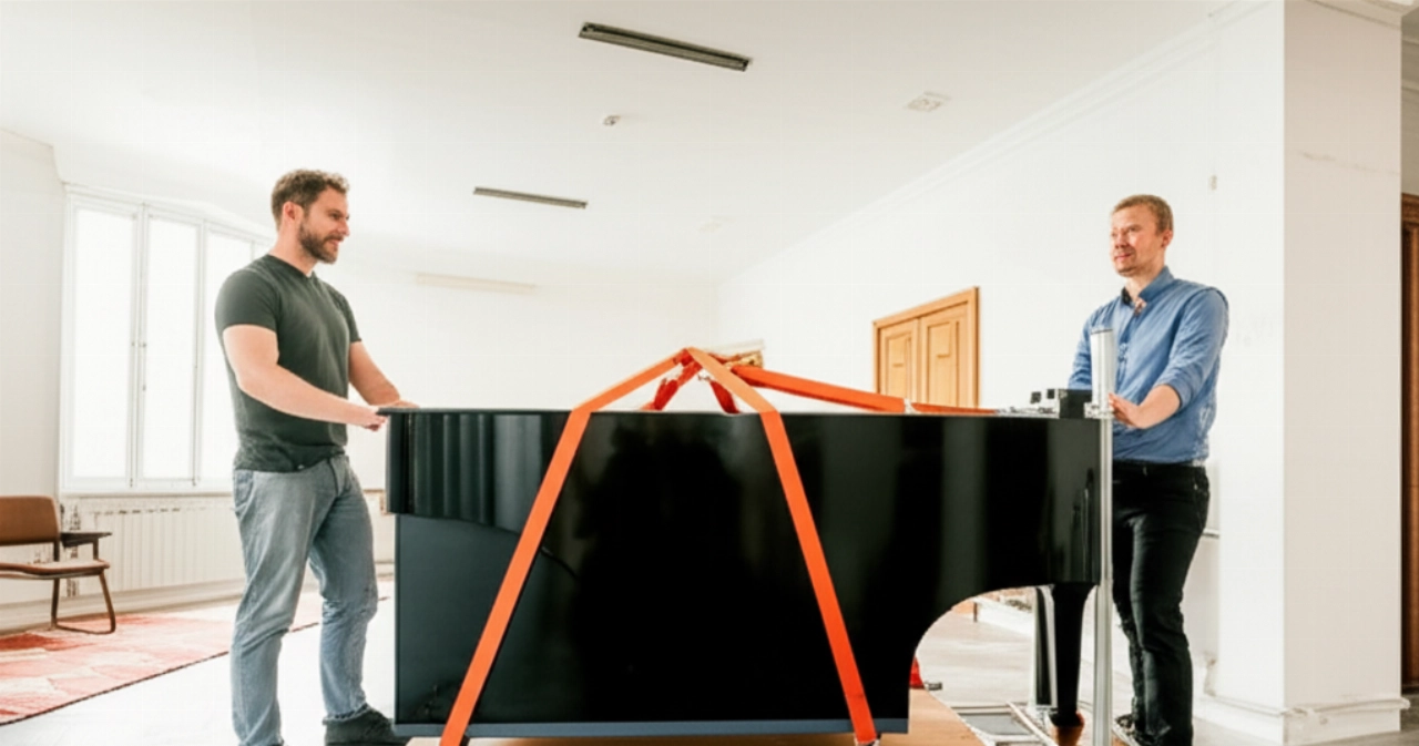 A grand piano on a transport dolly with visible straps, ready or just moved into a spacious room, with two Caucasian people nearby.