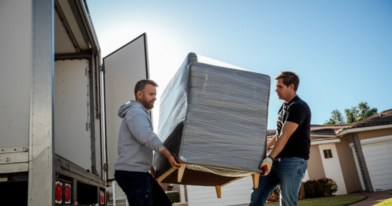 Two Caucasian men carrying a large piece of furniture towards a moving truck.