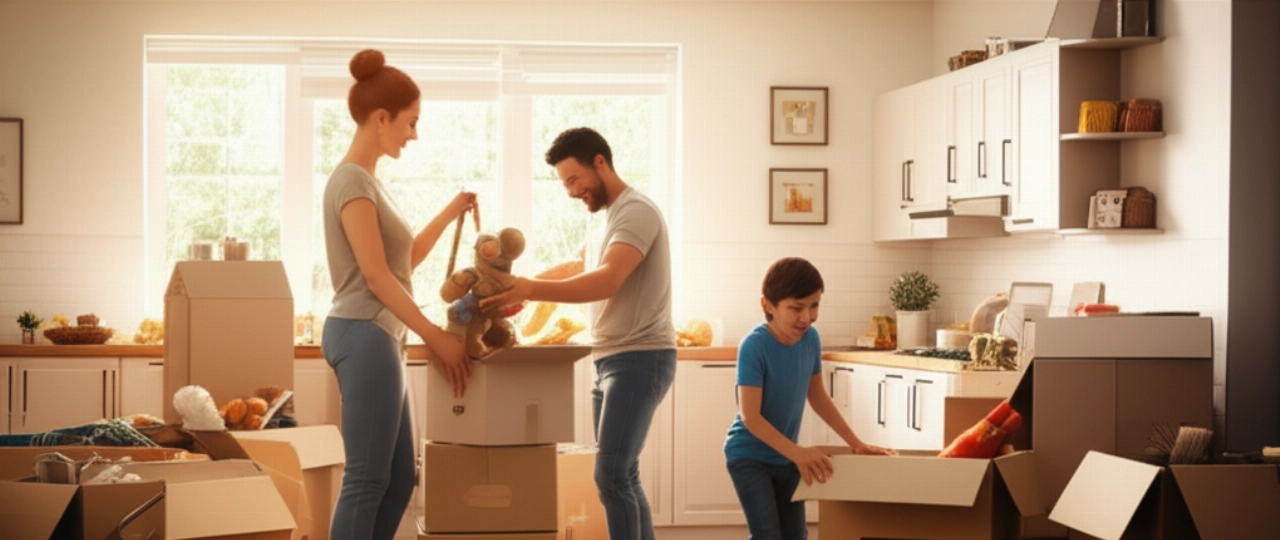 Caucasian family happily unpacking boxes in their new bright living room.