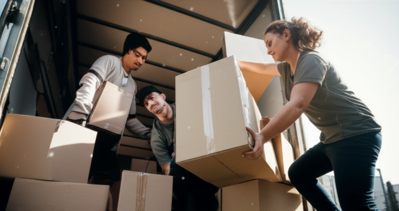 Three Caucasian adults efficiently load labeled boxes and disassembled furniture onto a truck, demonstrating an organized and careful move.