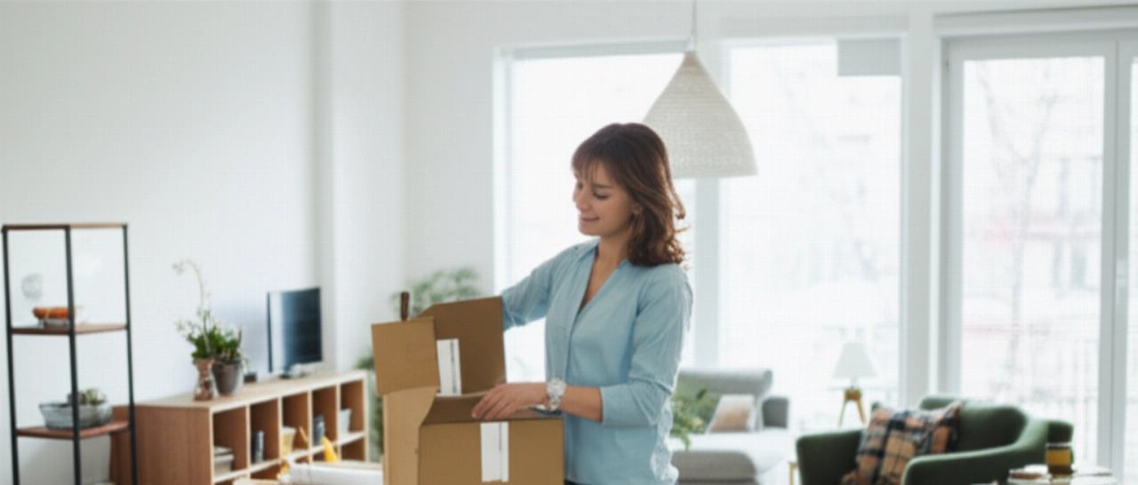 A Caucasian woman strategically unpacks a labeled box in a bright, newly arranged living room, showcasing the final stage of a smart and stress-free move.