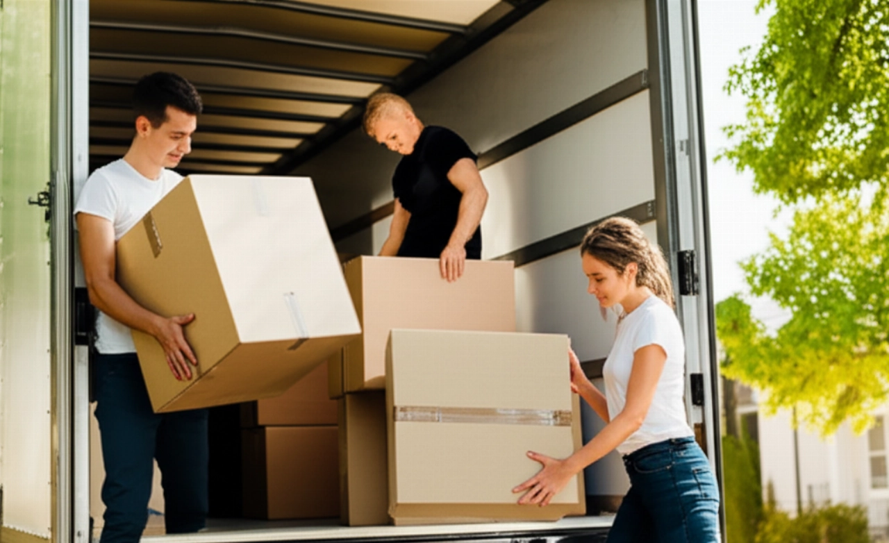 Two Caucasian people efficiently load boxes into a moving truck, representing hard work and collaboration.