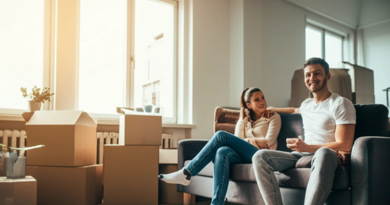 A Caucasian couple relaxes on a sofa in their new living room, surrounded by boxes but with a sense of peace and satisfaction after the move.