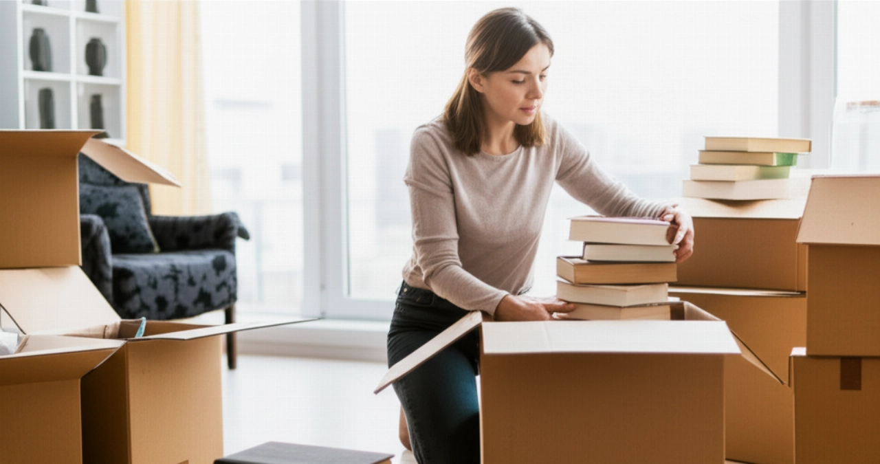 A Caucasian woman in a bright living room, kneeling next to an open moving box, carefully arranging a stack of books.