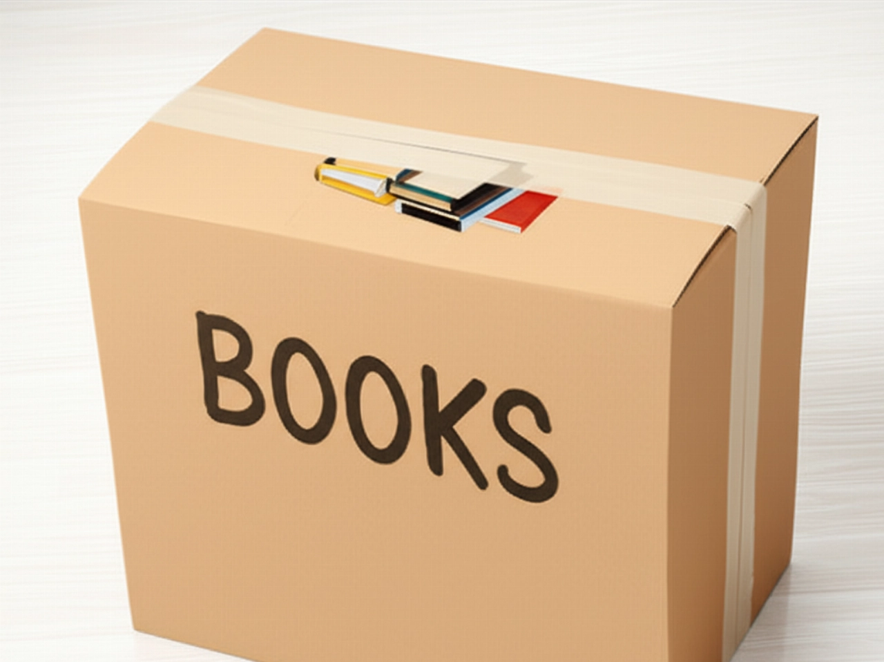 A sturdy brown cardboard box, perfectly sealed and labeled 'BOOKS', full of volumes, ready for transport.