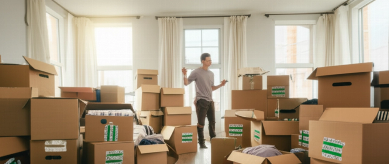 A living room full of stacked and labeled moving boxes, with a Caucasian man observing the organization of his packing with satisfaction.