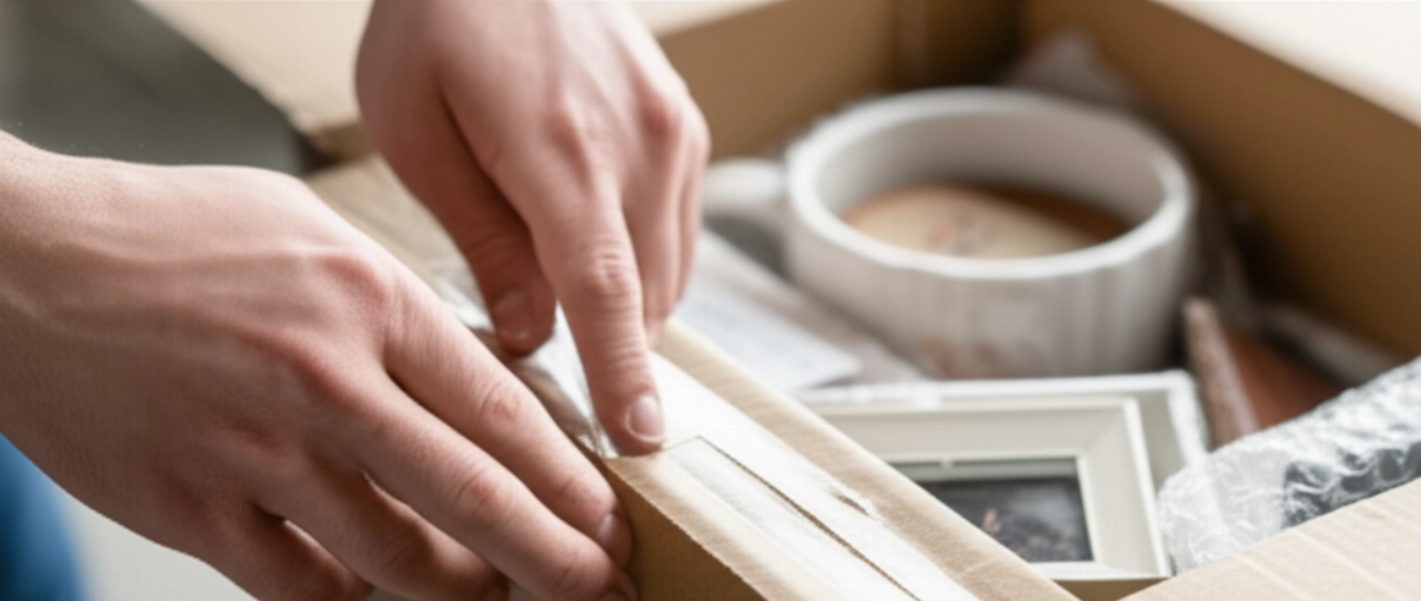 Close-up on the hands of a Caucasian person sealing a moving box full of carefully packed fragile items with tape.