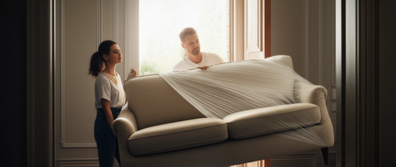 Two Caucasian people lift and carry a fully packed sofa through a doorway.