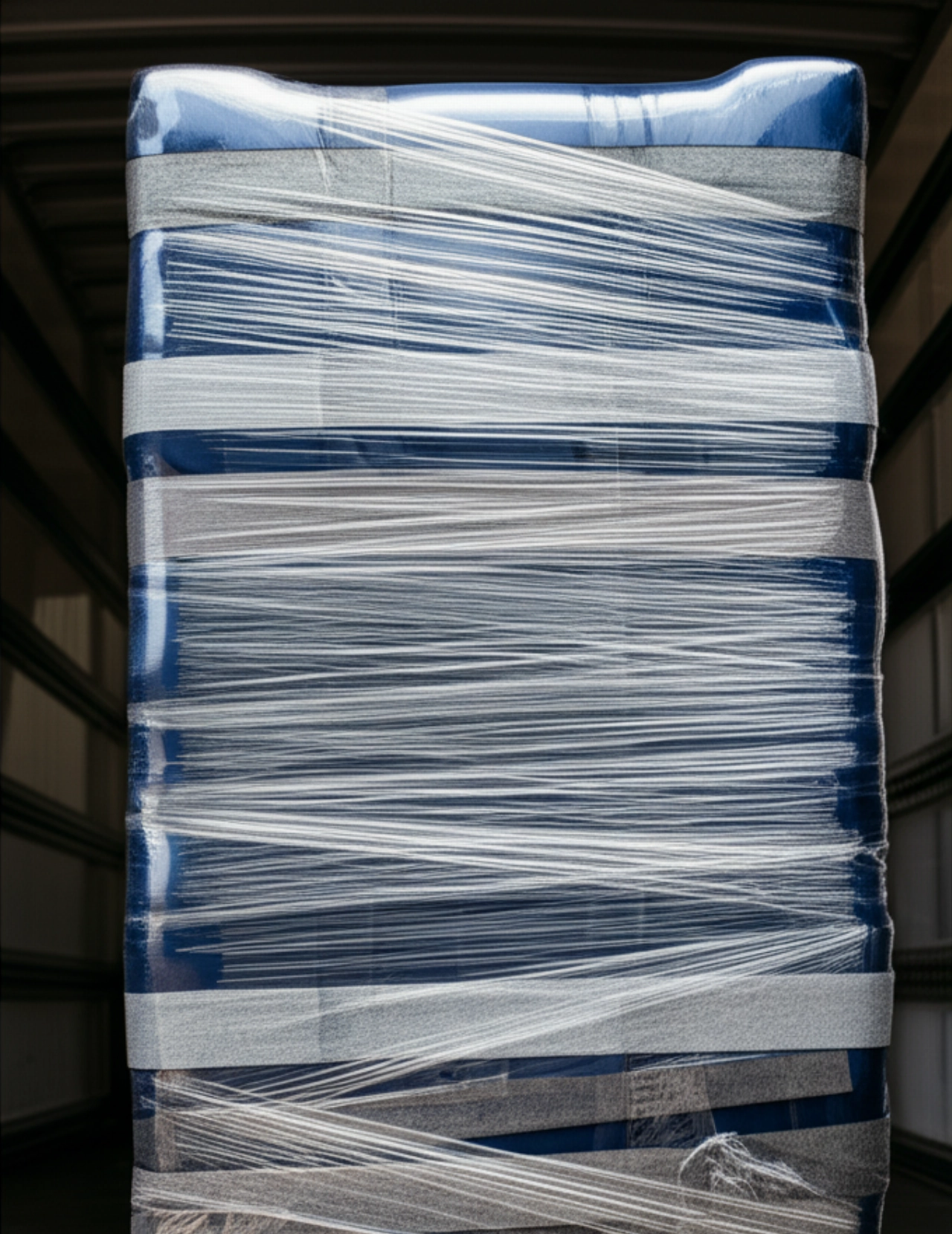 Dark blue sofa fully packed with protective film and blankets, ready for transport.