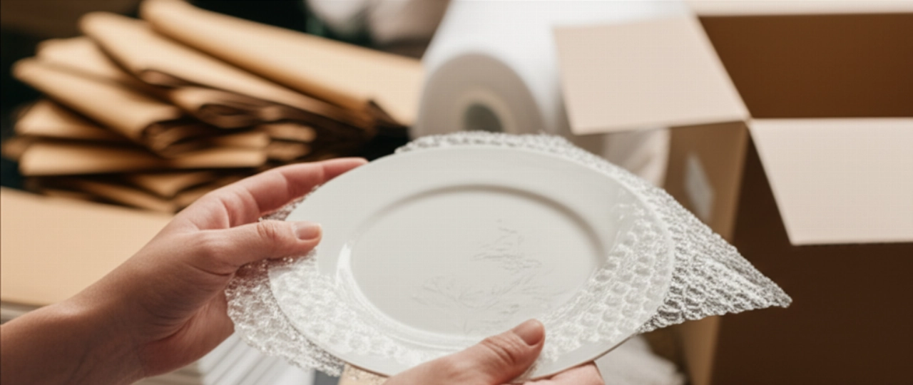 Hyperrealistic close-up of Caucasian hands wrapping a plate with bubble wrap.