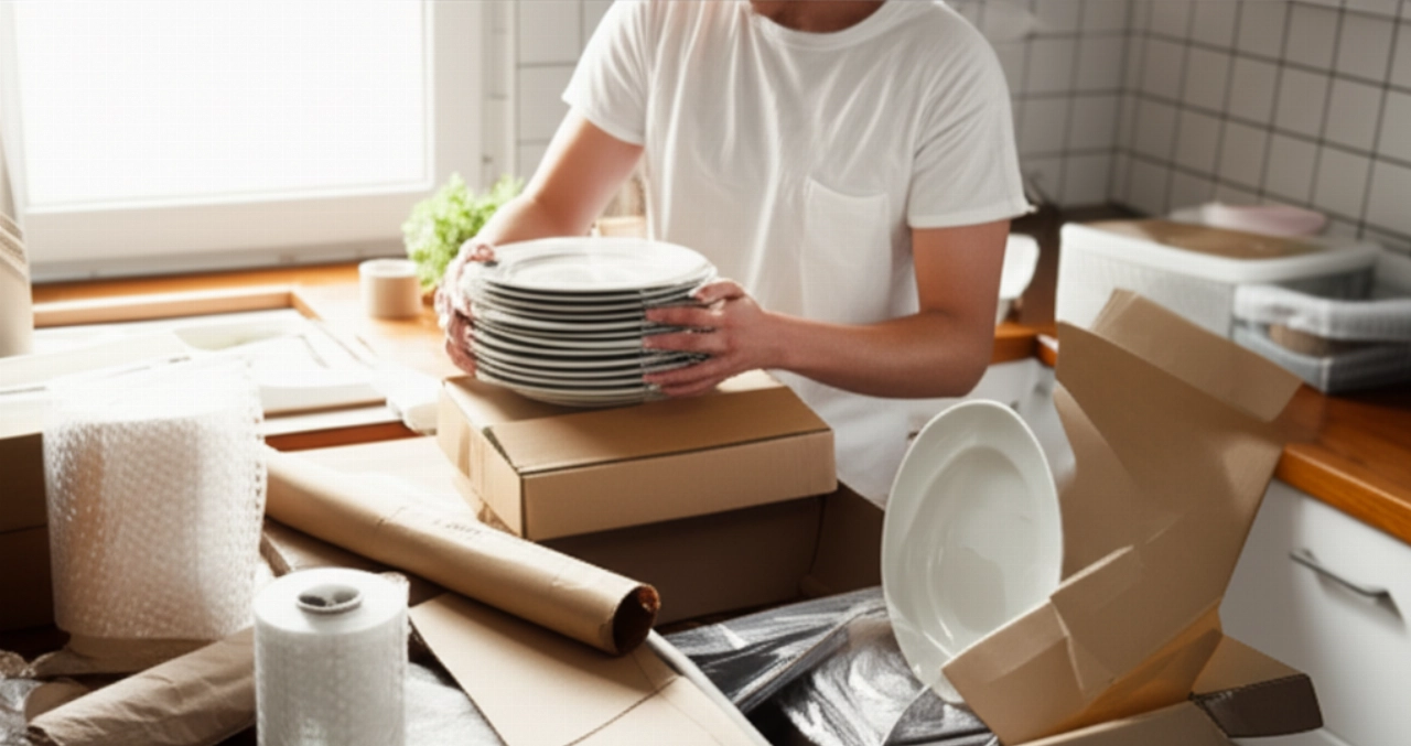Caucasian person packing plates into a moving box, with packing materials.