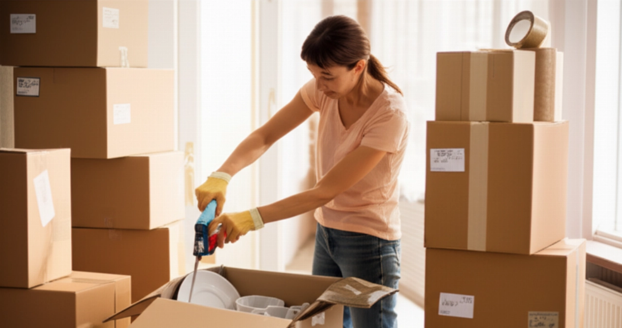 Caucasian person sealing a box full of plates, with other packed boxes around.