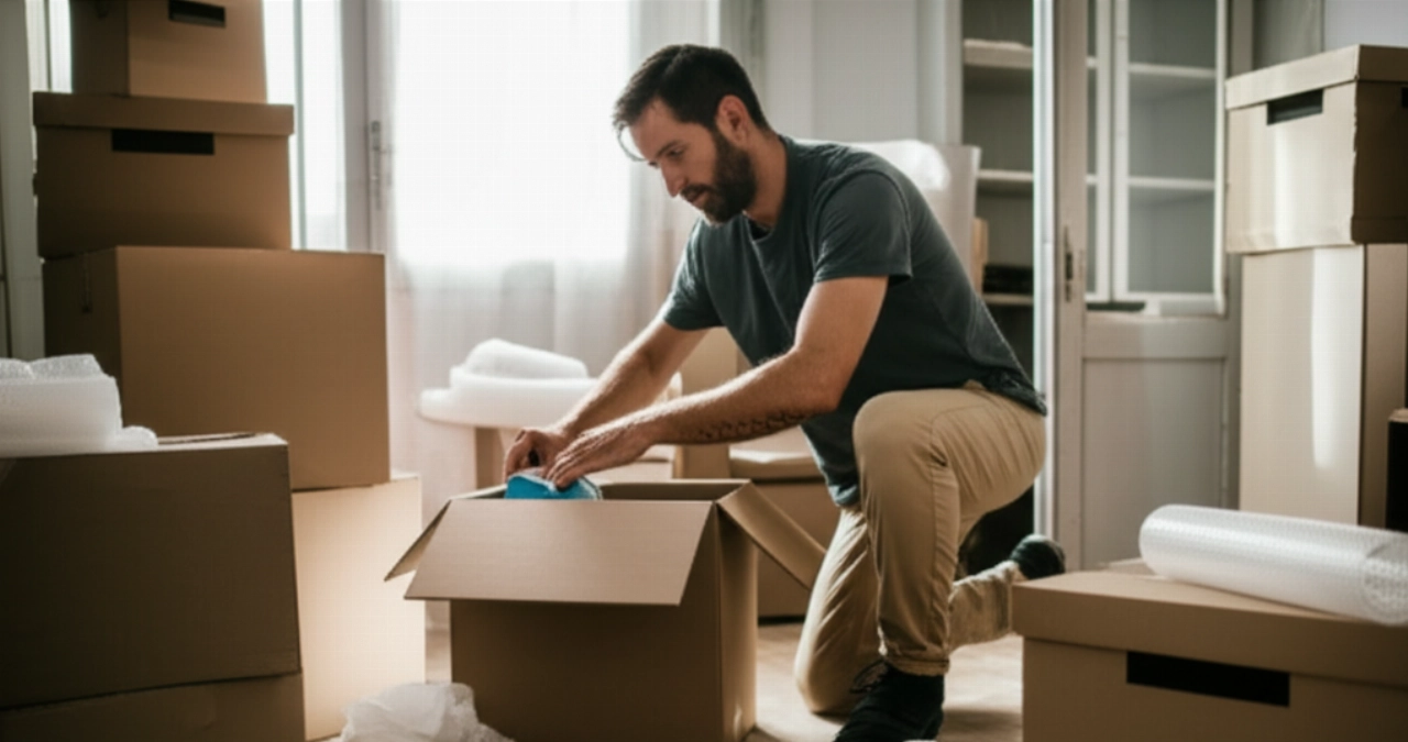 Caucasian man packing a box in a living room, with other boxes and packing materials around him.