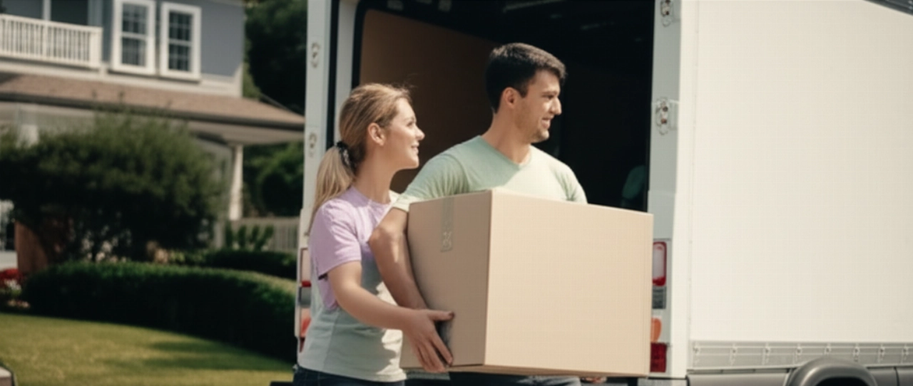 Two Caucasian people collaborating to load a box into a moving van, outside a house.