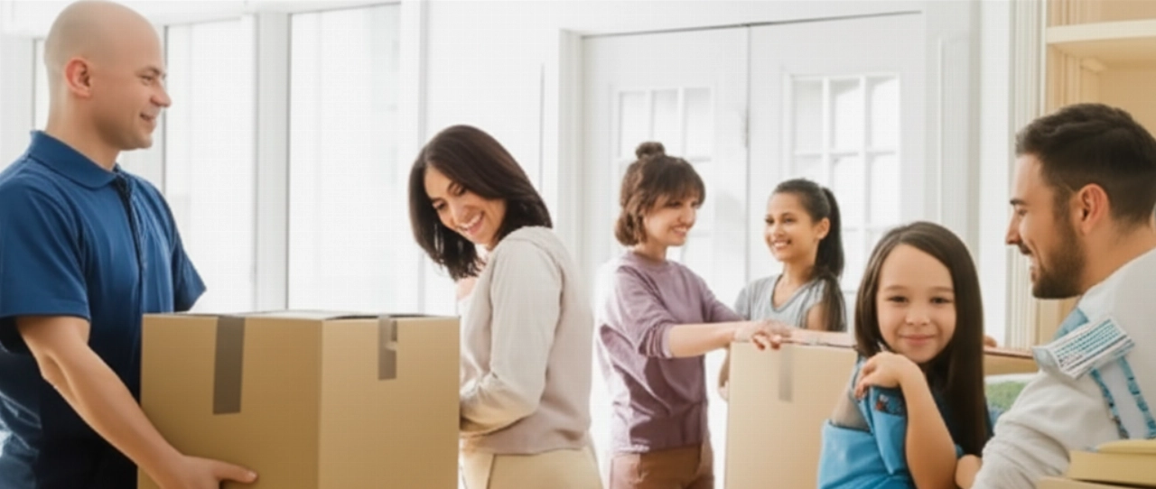 A happy and relaxed Caucasian family in their new organized apartment, with a professional mover finishing the job, symbolizing a stress-free move.