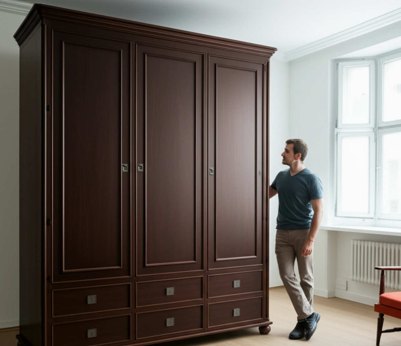 A large wooden wardrobe is successfully positioned in its new location, with a satisfied Caucasian man standing beside it.