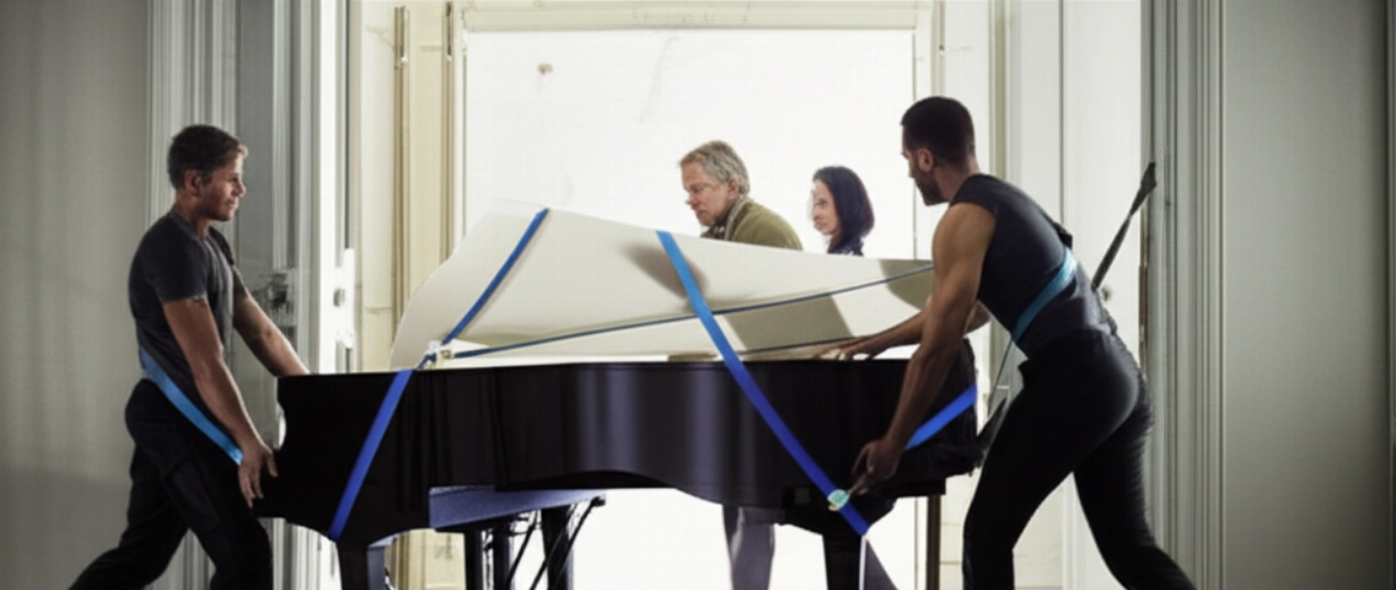 Three Caucasian people carefully move a grand piano through a doorway using professional straps.