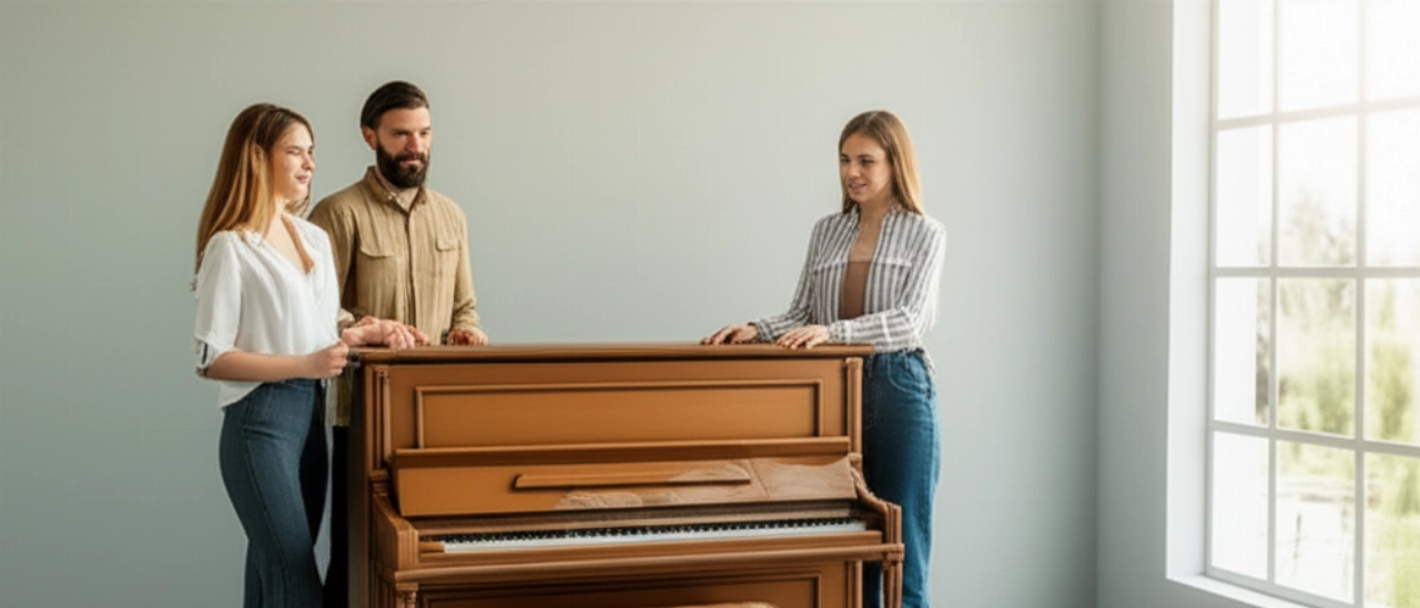 An upright piano successfully placed in a new bright room, with two satisfied Caucasian people.