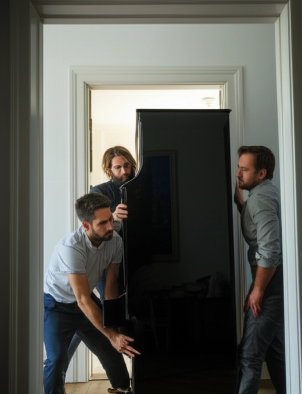 Three Caucasian people carefully guide an upright piano through a narrow doorway.