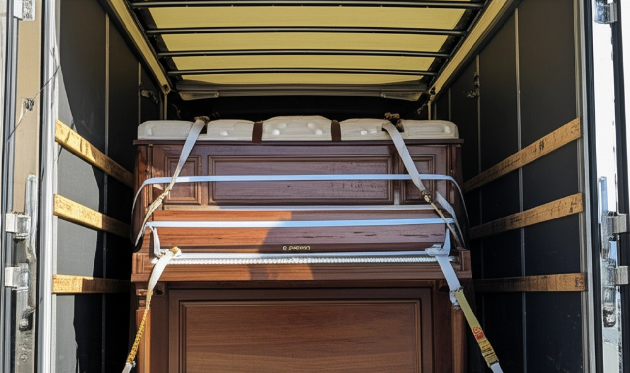 An upright piano is securely fastened with blankets and straps in the back of a moving truck.