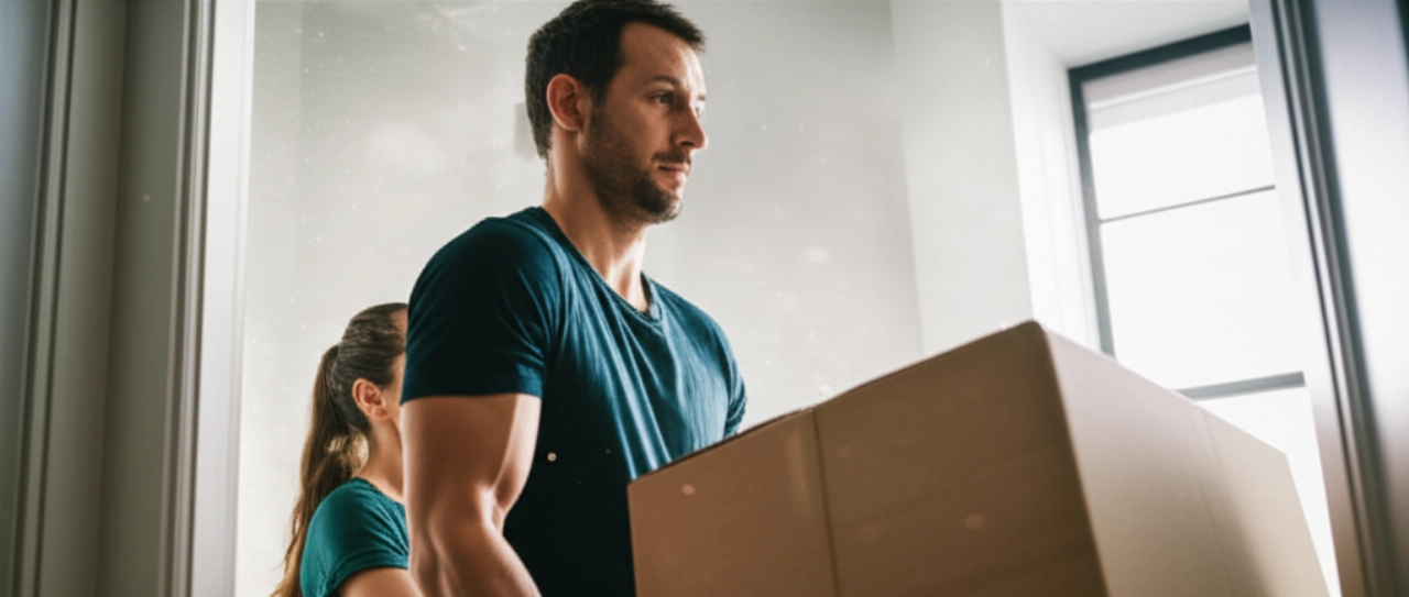 Two Caucasian people collaborate to move a large heavy box through a doorway.