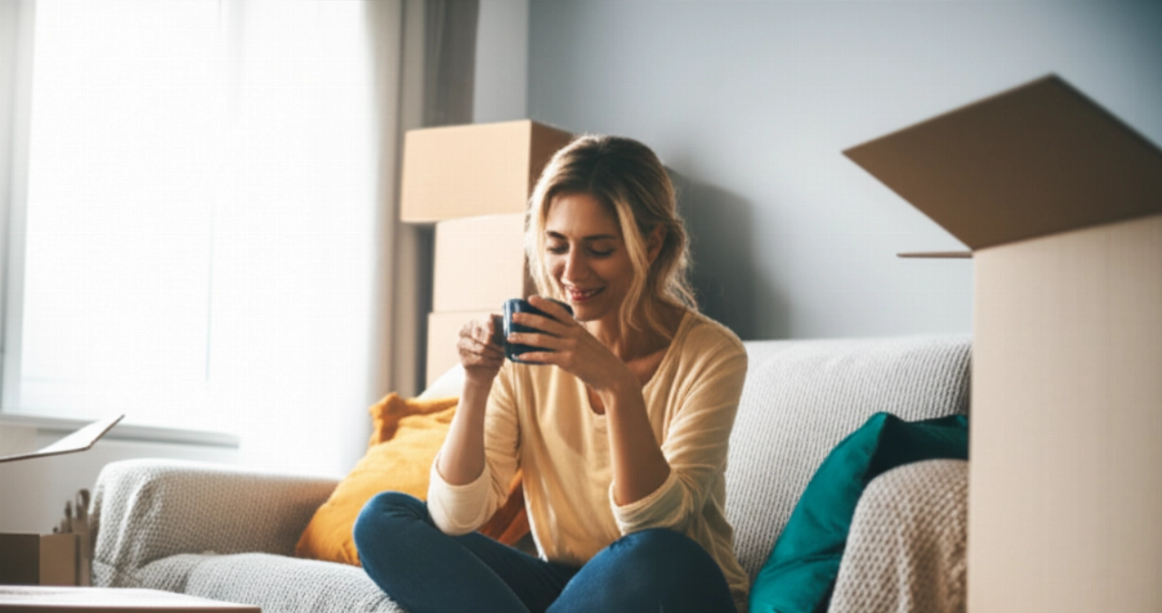 Caucasian woman relaxes on a sofa in a new, partially unpacked living room after moving.