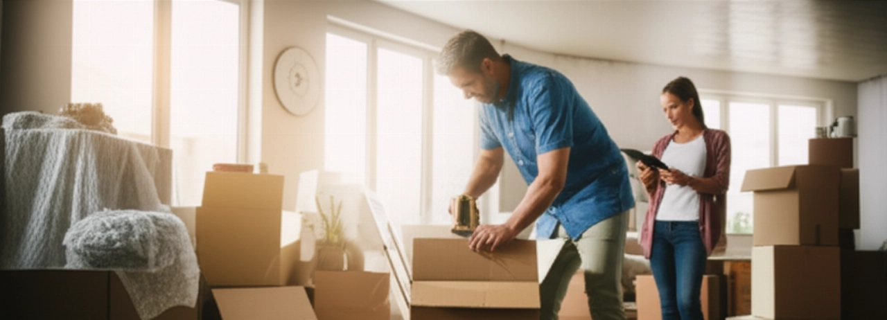 Caucasian couple in a modern living room full of moving boxes, busy organizing the move.
