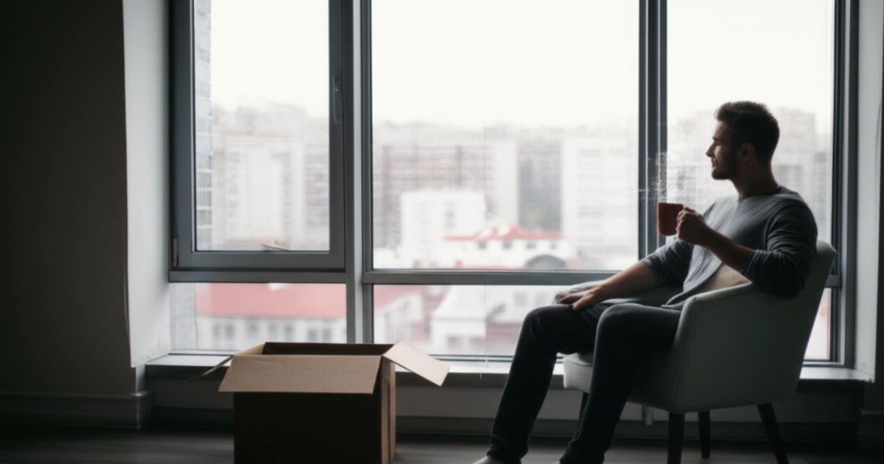 Relaxed Caucasian man in a nearly empty new apartment, with a cup of coffee, after a completed move.