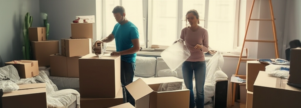 A Caucasian couple in a living room full of moving boxes, packing items with tired but determined expressions, symbolizing the effort of moving.
