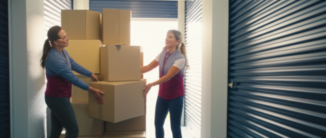 Smiling and satisfied Caucasian couple arranging the last boxes in a clean and spacious furniture storage unit.
