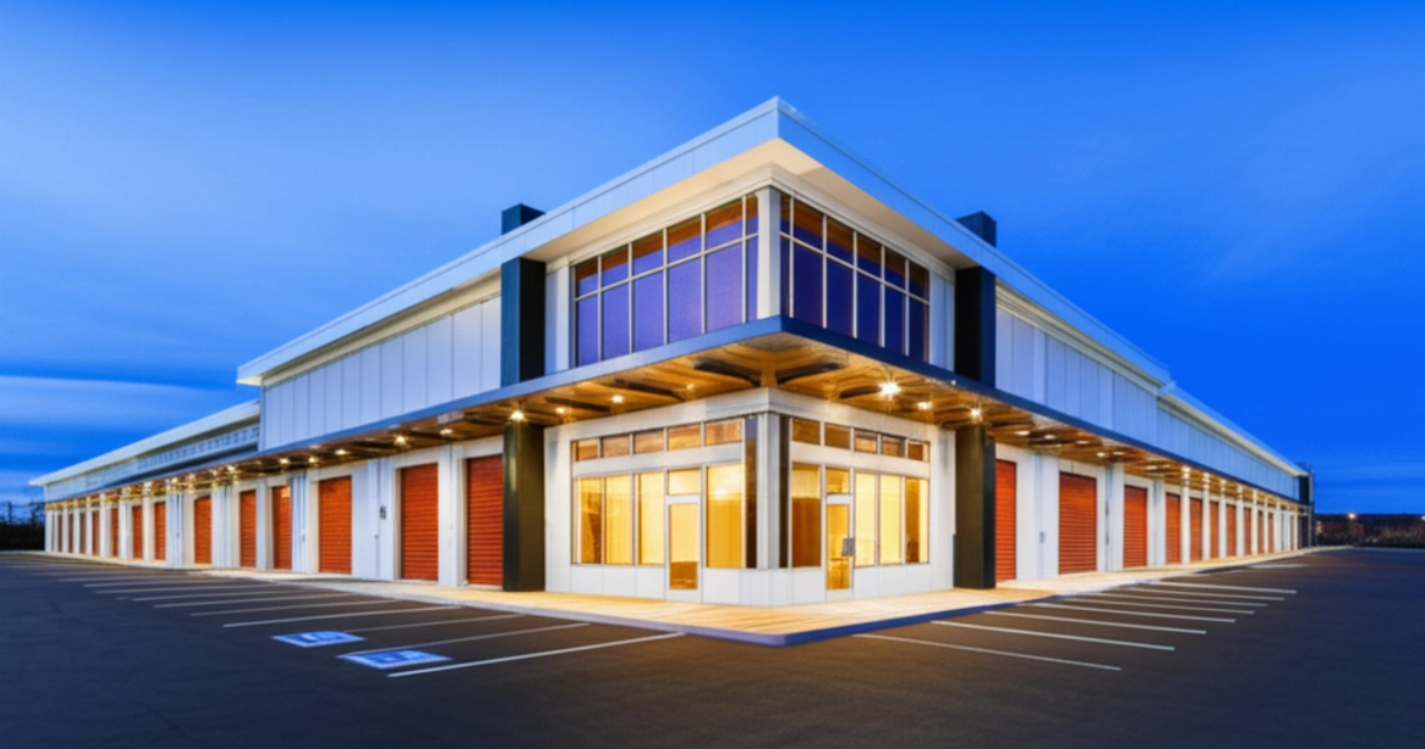 Exterior of a modern and secure furniture storage facility at dusk, with warm lights illuminating the entrance.
