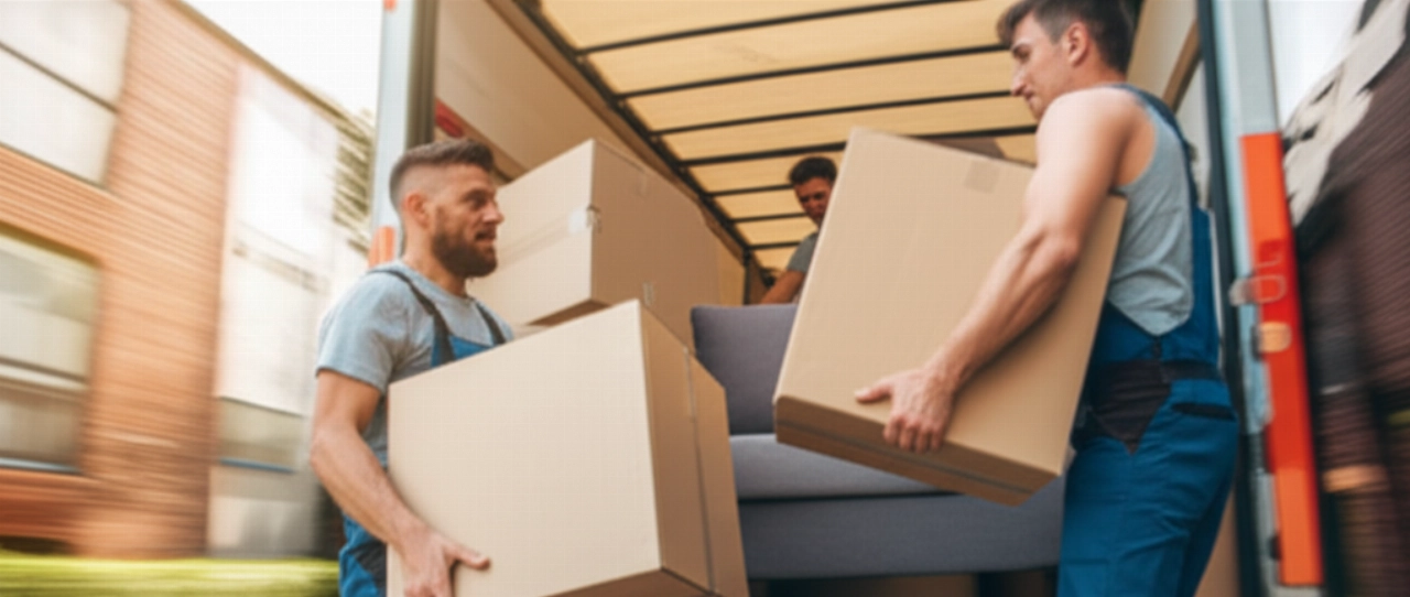 Two professional Caucasian movers efficiently load boxes and a sofa onto a truck, illustrating the service and physical effort.