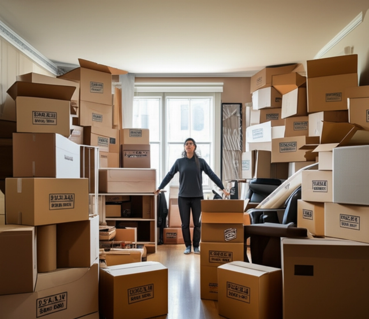 A messy living room full of moving boxes and furniture, with a Caucasian person observing the quantity of items to be moved.