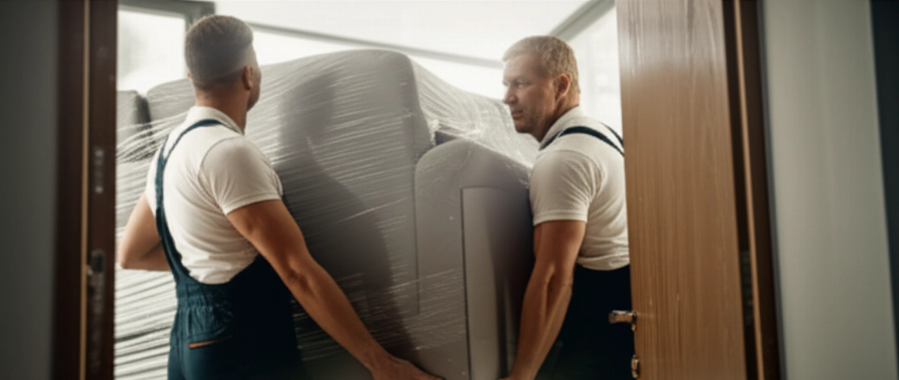 Professional Caucasian movers carefully transport a sofa, demonstrating efficiency.
