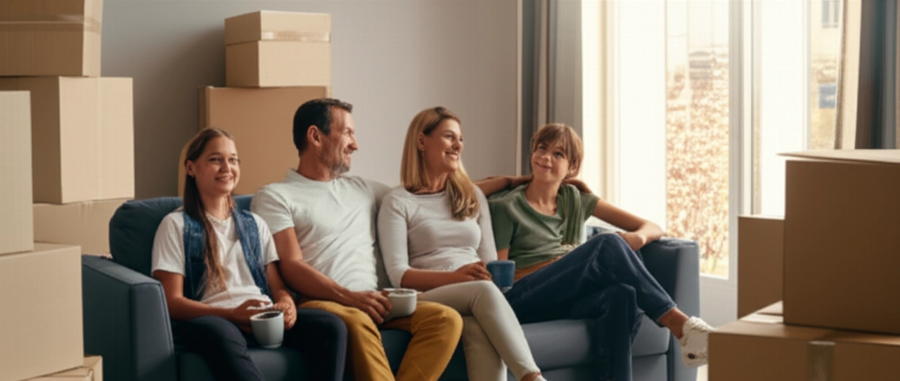 Relaxed Caucasian family in their new living room, surrounded by moving boxes, after a successful move.