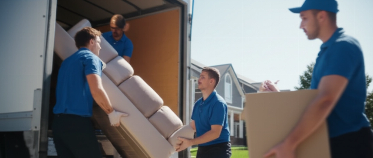 Team of professional Caucasian movers loads furniture onto a truck on a sunny day.